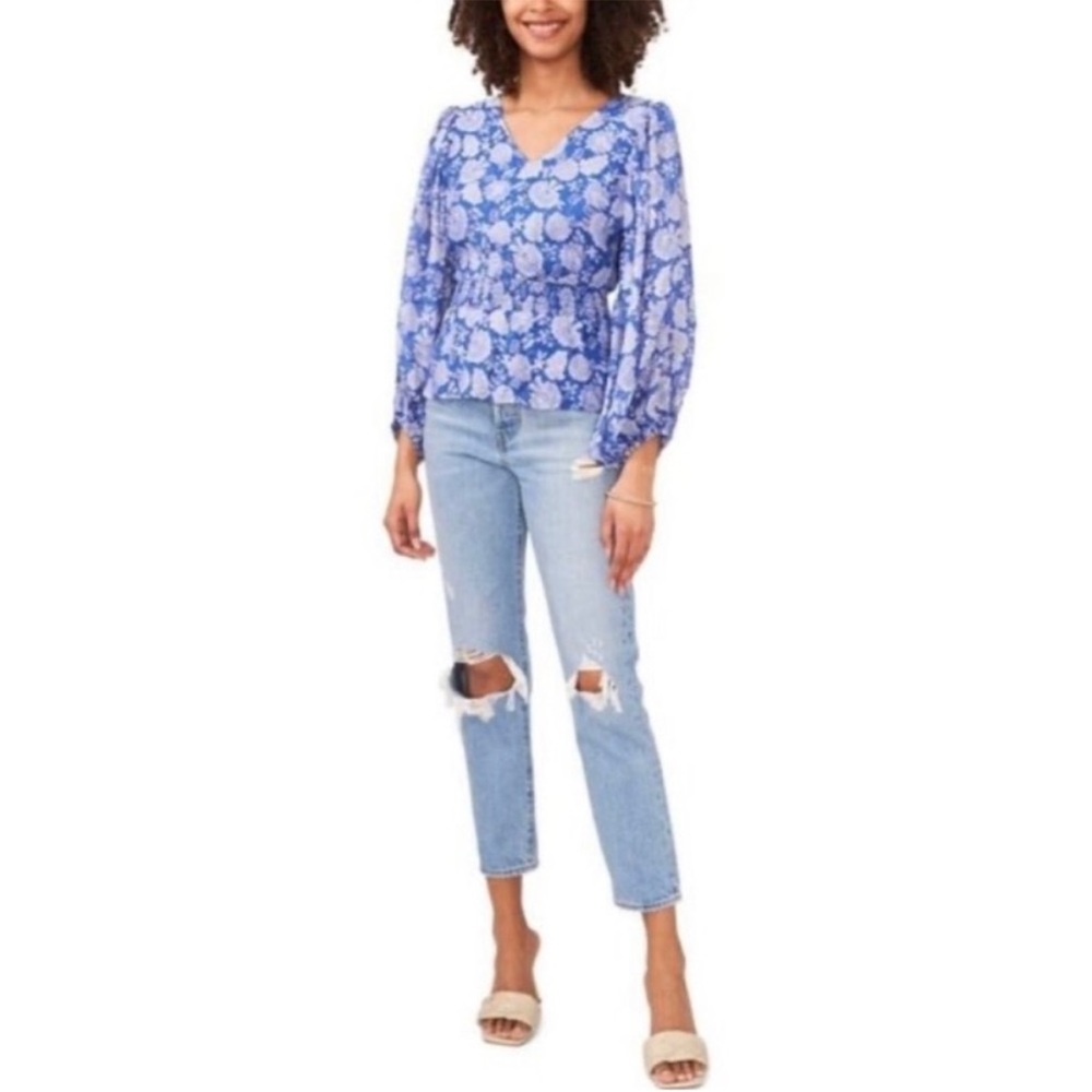 Vince Camuto Floral Peplum Smocked V-Neck Blouse, Blue & White Color,Size Large